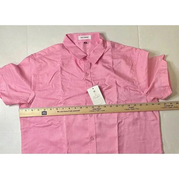 DELCARINO Men's M Short Sleeve Button Up Linen Shirt Summer Casual Pocket Pink - Picture 4 of 8
